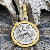 Ancient Greek Lion & Apollo Miletos Silver Drachm 350 BC 14K Gold Pendant