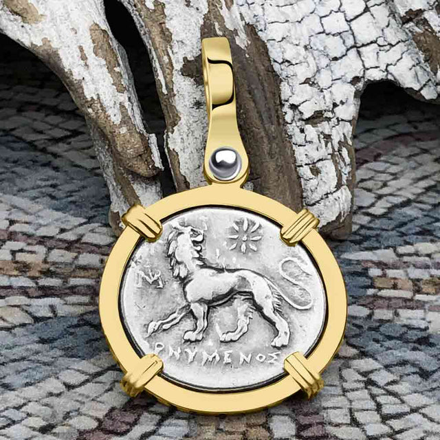 Ancient Greek Lion & Apollo Miletos Silver Drachm 350 BC 14K Gold Pendant