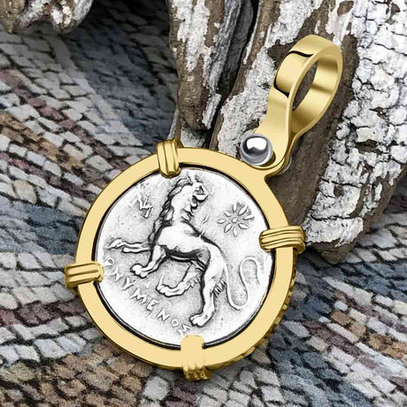 Ancient Greek Lion & Apollo Miletos Silver Drachm 350 BC 14K Gold Pendant
