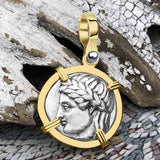 Ancient Greek Lion & Apollo Miletos Silver Drachm 350 BC 14K Gold Pendant