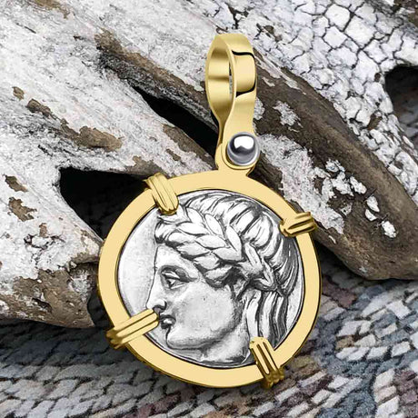Ancient Greek Lion & Apollo Miletos Silver Drachm 350 BC 14K Gold Pendant