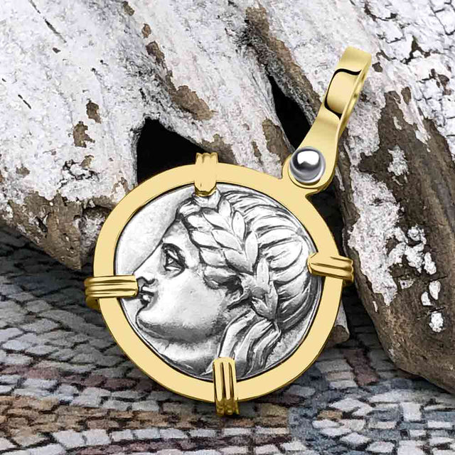 Ancient Greek Lion & Apollo Miletos Silver Drachm 350 BC 14K Gold Pendant