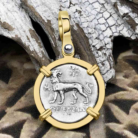 Ancient Greek Lion & Apollo Miletos Silver Drachm 350 BC 14K Gold Pendant