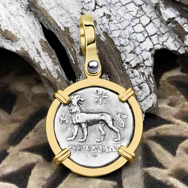Ancient Greek Lion & Apollo Miletos Silver Drachm 350 BC 14K Gold Pendant