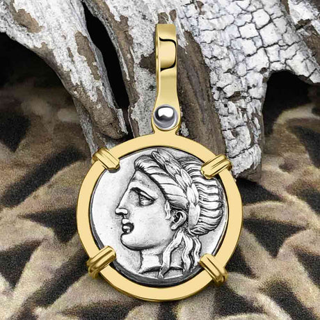Ancient Greek Lion & Apollo Miletos Silver Drachm 350 BC 14K Gold Pendant