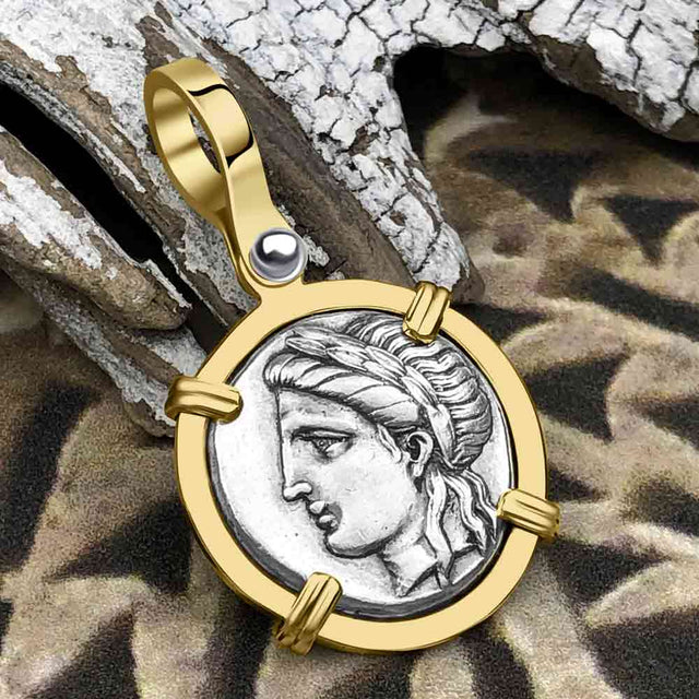 Ancient Greek Lion & Apollo Miletos Silver Drachm 350 BC 14K Gold Pendant