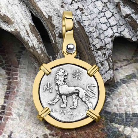 Ancient Greek Lion & Apollo Miletos Silver Drachm 350 BC 14K Gold Pendant