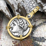 Ancient Greek Lion & Apollo Miletos Silver Drachm 350 BC 14K Gold Pendant