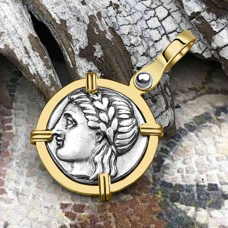 Ancient Greek Lion & Apollo Miletos Silver Drachm 350 BC 14K Gold Pendant