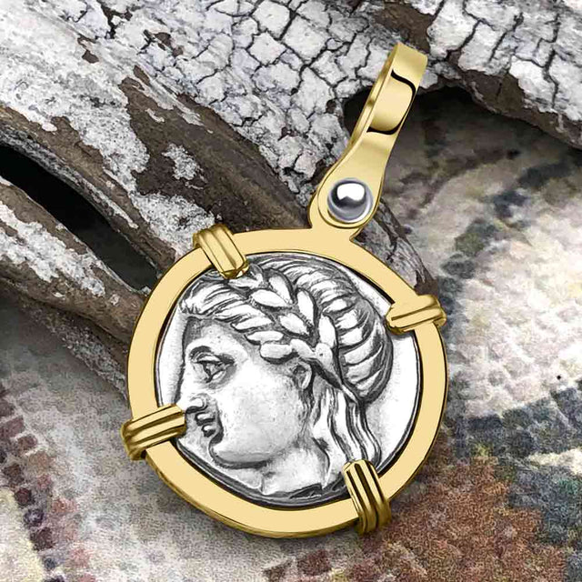 Ancient Greek Lion & Apollo Miletos Silver Drachm 350 BC 14K Gold Pendant