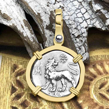 Ancient Greek Lion & Apollo Miletos Silver Drachm 350 BC 14K Gold Pendant