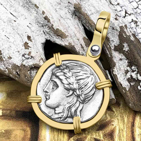 Ancient Greek Lion & Apollo Miletos Silver Drachm 350 BC 14K Gold Pendant