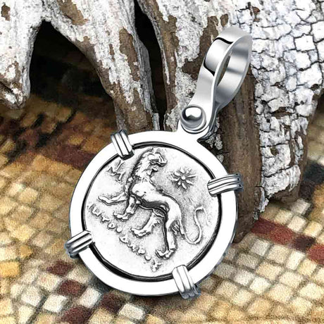 Ancient Greek Lion & Apollo Miletos Silver Drachm 350 BC 14K White Gold Pendant