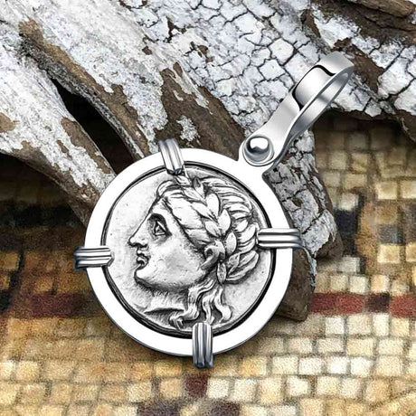 Ancient Greek Lion & Apollo Miletos Silver Drachm 350 BC 14K White Gold Pendant
