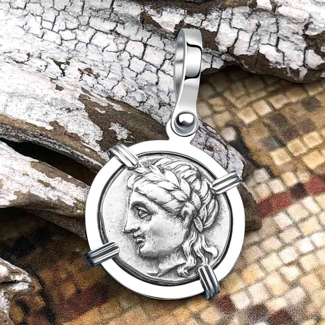 Ancient Greek Lion & Apollo Miletos Silver Drachm 350 BC 14K White Gold Pendant