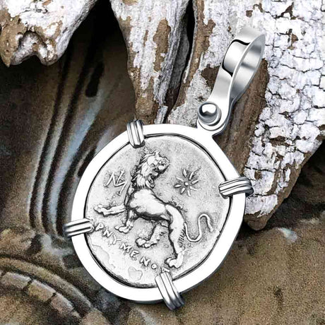 Ancient Greek Lion & Apollo Miletos Silver Drachm 350 BC 14K White Gold Pendant