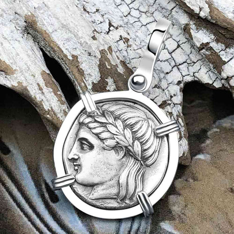 Ancient Greek Lion & Apollo Miletos Silver Drachm 350 BC 14K White Gold Pendant