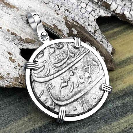 Taj Mahal Sunken Treasure - Arthur C Clarke's 1702 Shipwreck 1 Rupee Silver Coin 14K White Gold Pendant