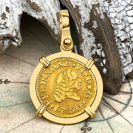 1750 Spanish Gold Portrait Half Escudo - the Legendary Pirate Era Doubloon - 18K Gold Pendant