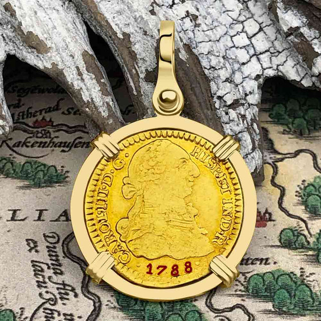 1788 Spanish Gold Portrait One Escudo - the Legendary Pirate Era Doubloon - 18K Gold Pendant