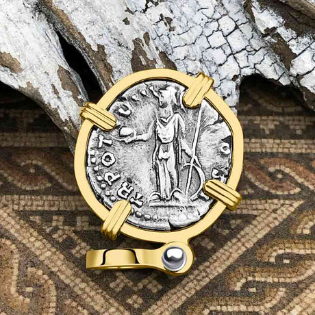 Roman Empire Silver Denarius Coin of Marcus Aurelius, the Philosopher Warrior 153 AD 14K Gold Pendant