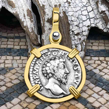 Roman Empire Silver Denarius Coin of Marcus Aurelius, the Philosopher Warrior 161 AD 14K Gold Pendant