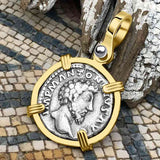 Roman Empire Silver Denarius Coin of Marcus Aurelius, the Philosopher Warrior 161 AD 14K Gold Pendant