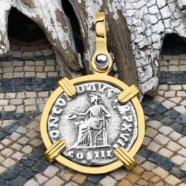 Roman Empire Silver Denarius Coin of Marcus Aurelius, the Philosopher Warrior 161 AD 14K Gold Pendant