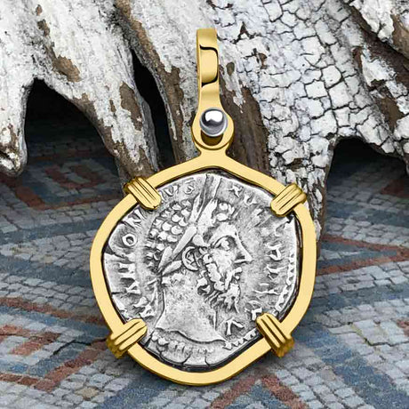 Roman Empire Silver Denarius Coin of Marcus Aurelius, the Philosopher Warrior 170 AD 14K Gold Pendant