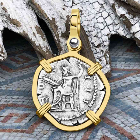 Roman Empire Silver Denarius Coin of Marcus Aurelius, the Philosopher Warrior 170 AD 14K Gold Pendant