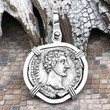 Roman Empire Silver Denarius Coin of Marcus Aurelius, the Philosopher Warrior 151 AD 14K White Gold Pendant