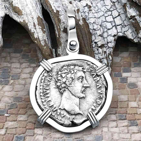 Roman Empire Silver Denarius Coin of Marcus Aurelius, the Philosopher Warrior 151 AD 14K White Gold Pendant