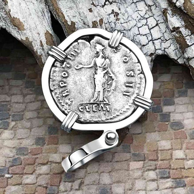 Roman Empire Silver Denarius Coin of Marcus Aurelius, the Philosopher Warrior 151 AD 14K White Gold Pendant