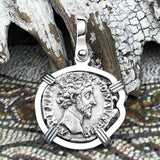 Roman Empire Silver Denarius Coin of Marcus Aurelius, the Philosopher Warrior 157 AD 14K White Gold Pendant