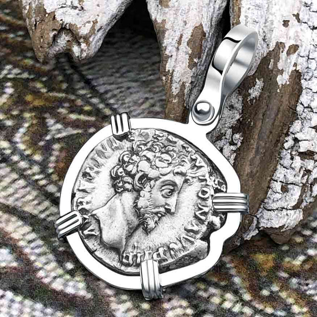 Roman Empire Silver Denarius Coin of Marcus Aurelius, the Philosopher Warrior 157 AD 14K White Gold Pendant