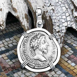 Roman Empire Silver Denarius Coin of Marcus Aurelius, the Philosopher Warrior 166 AD 14K White Gold Pendan