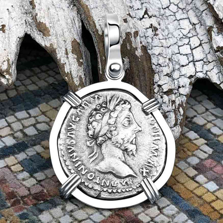 Roman Empire Silver Denarius Coin of Marcus Aurelius, the Philosopher Warrior 166 AD 14K White Gold Pendan