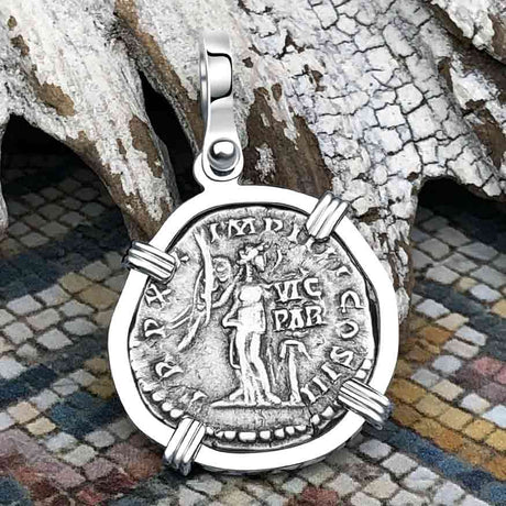 Roman Empire Silver Denarius Coin of Marcus Aurelius, the Philosopher Warrior 166 AD 14K White Gold Pendan