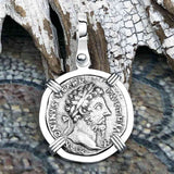 Roman Empire Silver Denarius Coin of Marcus Aurelius, the Philosopher Warrior 168 AD 14K White Gold Pendant