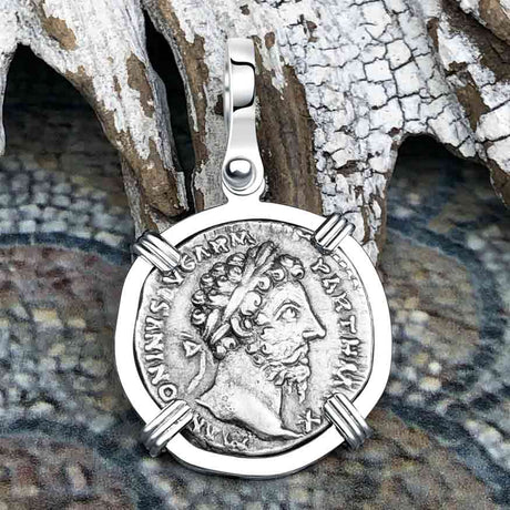 Roman Empire Silver Denarius Coin of Marcus Aurelius, the Philosopher Warrior 168 AD 14K White Gold Pendant