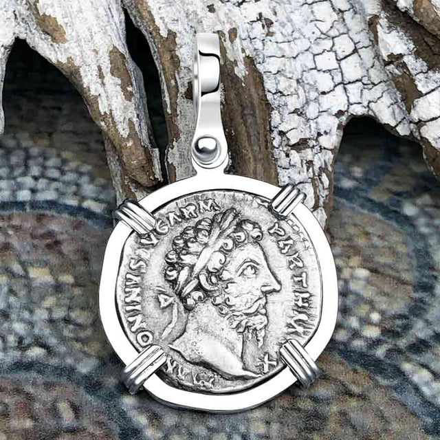 Roman Empire Silver Denarius Coin of Marcus Aurelius, the Philosopher Warrior 168 AD 14K White Gold Pendant