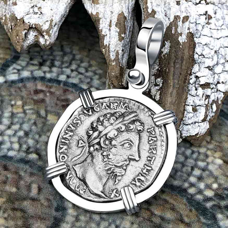 Roman Empire Silver Denarius Coin of Marcus Aurelius, the Philosopher Warrior 168 AD 14K White Gold Pendant