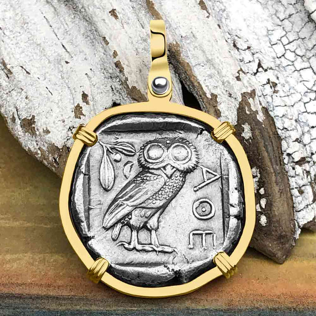 Ancient Greek Athena and the Owl Silver Tetradrachm circa 450 BC RARE Zero-Die 14K Gold Pendant