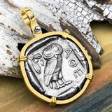 Ancient Greek Athena and the Owl Silver Tetradrachm circa 450 BC RARE Zero-Die 14K Gold Pendant