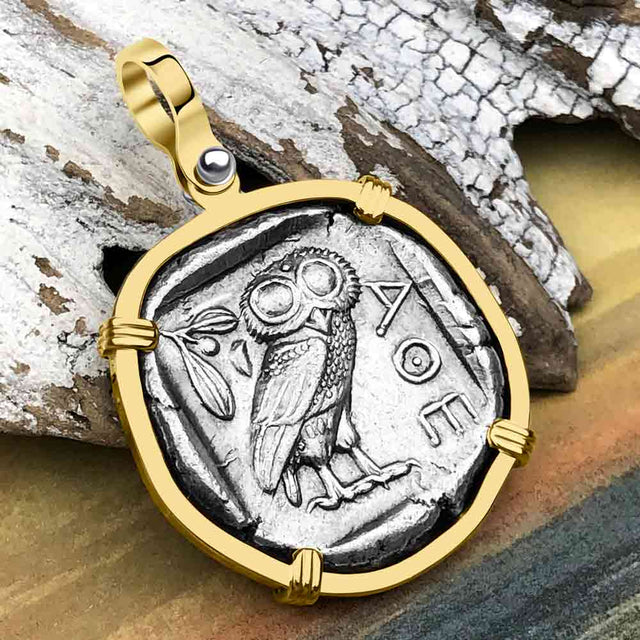 Ancient Greek Athena and the Owl Silver Tetradrachm circa 450 BC RARE Zero-Die 14K Gold Pendant