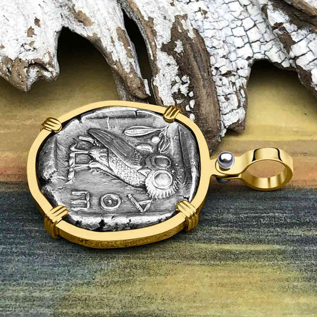 Ancient Greek Athena and the Owl Silver Tetradrachm circa 450 BC RARE Zero-Die 14K Gold Pendant