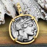 Ancient Greek Athena and the Owl Silver Tetradrachm circa 450 BC RARE Zero-Die 14K Gold Pendant
