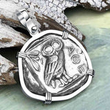 Ancient Greek Athena and the Owl Silver Tetradrachm circa 450 BC 14K White Gold Pendant
