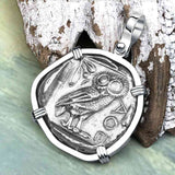 Ancient Greek Athena and the Owl Silver Tetradrachm circa 450 BC 14K White Gold Pendant