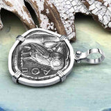 Ancient Greek Athena and the Owl Silver Tetradrachm circa 450 BC 14K White Gold Pendant